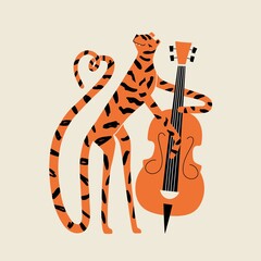 Vector illustration of tiger playing music with contrabass. Trendy music print design with animal, home decoration poster