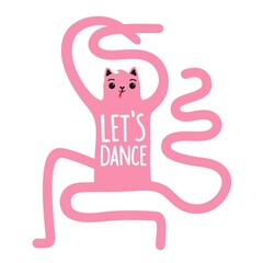 Vector Illustration with dancing pink cat and lettering phrase. Let's dance. Funny typography poster, apparel print design