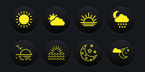 Set Sunset, Cloud with rain and moon, Moon stars, cloud weather, and icon. Vector © vector_v