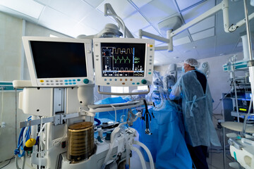 Special monitoring of patient in surgical operating room in modern hospital. Emergency surgeon ward.