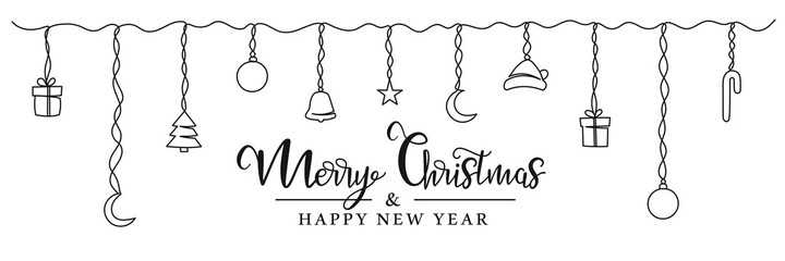Continuous one line drawing of a Christmas toys hang on a rope. Christmas banner. Vector illustration