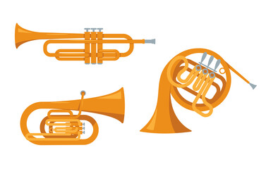 Set of wind classical musical instruments icons isolated