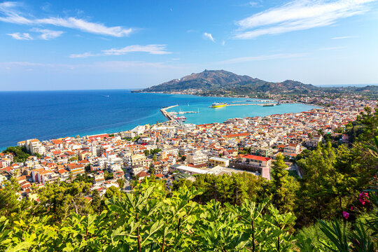 Aerial panoramic cityscape view of Zakynthos city, capital of the island Zakynthos in the Ionian sea in Greece. Summer sunny day