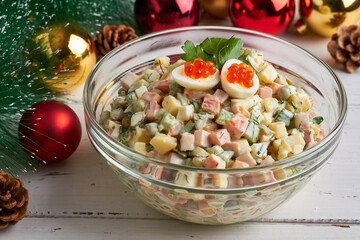 traditional russian salad (olivier) white background new years tree new year tree decorations