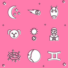 Set Moon and stars, Comet falling down fast, Horse zodiac, Dog, Solstice, Astrology woman, Milky way spiral galaxy and Eclipse of the sun icon. Vector