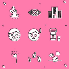 Set Runny nose, Reddish eye allergic conjunctivitis, Medical hospital building, Face with psoriasis or eczema, Fatigue, Can container for milk, Flower producing pollen and Sesame seeds icon. Vector