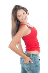 attractive woman in tank top with jeans. 