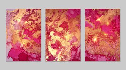 Set of marble patterns. Magenta and gold geode textures with glitter. Abstract vector background in alcohol ink technique. Modern paint with sparkles. Backdrops for banner, poster. Fluid art