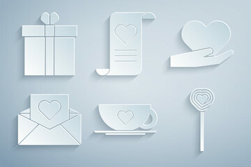 Set Coffee cup and heart, Heart in hand, Envelope with Valentine, Lollipop, and Gift box icon. Vector