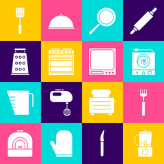 Set Blender, Fork, Electric stove, Frying pan, Oven, Grater, Spatula and Electronic scales icon. Vector