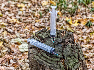 Two used syringes with blood inside, on a stump in the forest