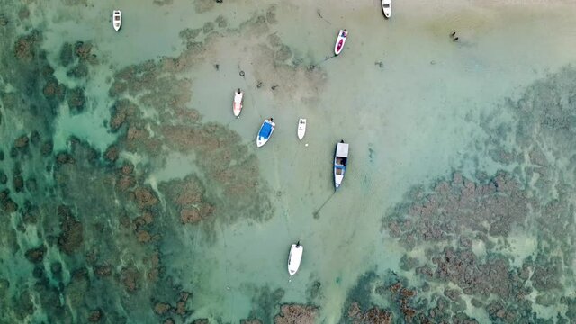 Barcos ancorados em meio aos corais, mar verde