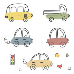 A collection of children's hand-drawn cars with a traffic light in the Scandinavian style. Vector illustration, print for baby clothes and packaging.