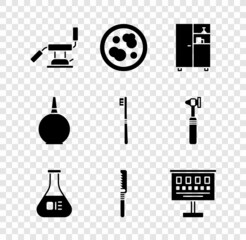 Obraz premium Set Medical dental chair, Petri dish with bacteria, Medicine cabinet, Test tube and flask, saw, Eye test chart, Enema and Toothbrush icon. Vector