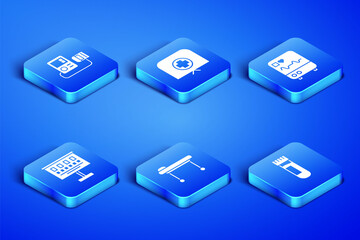 Set Test tube with blood, Blood pressure, Stretcher, Eye test chart, Nurse hat cross and Monitor cardiogram icon. Vector