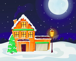 Night Christmas winter landscape with moon and snowfall. A cozy house with light in the windows, littered with snow and drifts.