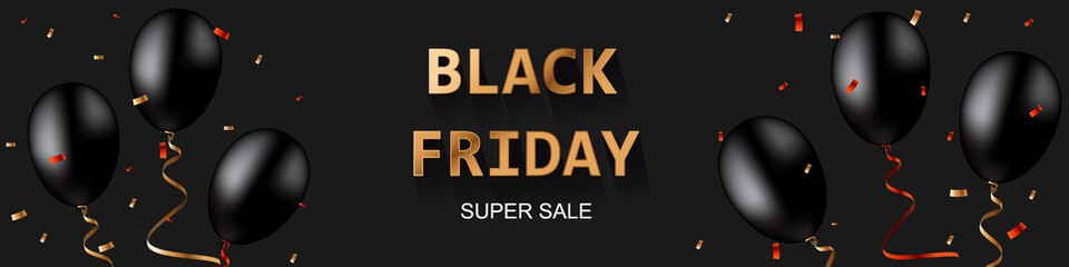 Horizontal banner for Black Friday sale. Black balls with shiny ribbons. Golden letters.
