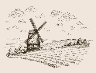 Hand drawn vector rustic landscape with mill and fields © Regina Bilan