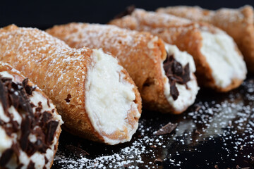 Homemade sicilian cannoli with ricotta and chocolate chips. Shallow DOF.
