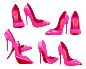Vector women's pink pumps isolated on white background. Set of cartoon high heel shoes.