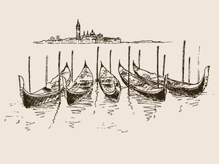 Italian gondolas in venice. Hand drawn sketch © Regina Bilan