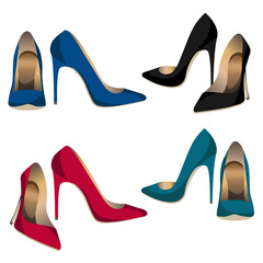 Vector set of realistic black, red, blue, green pumps. High heel shoes isolated on white background.