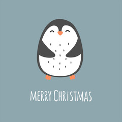 Cute hand-drawn penguin with the words Merry Christmas. Vector children's illustration, greeting cards, print for baby clothes, posters.