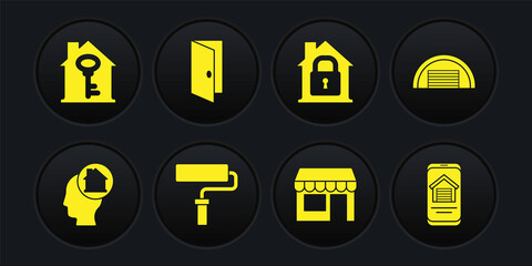 Set Man dreaming about buying house, Garage, Paint roller brush, Market store, House under protection, Closed door, Online real estate and with key icon. Vector