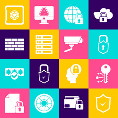 Set Shield with check mark, Cryptocurrency key, Lock, Global lockdown, Server, Data, Web Hosting, Firewall, security wall, Safe and Security camera icon. Vector