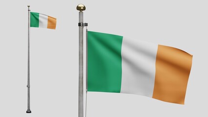 3D, Ireland flag waving on wind. Close up of Irish banner blowing soft silk.