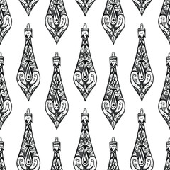  Sketched christmas balls seamless vector pattern. Ink hand drawn christmas tree decoration. Black and white.