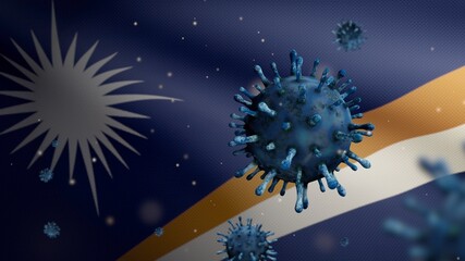 3D, Flu coronavirus floating over Marshallese flag. Marshall pandemic Covid 19