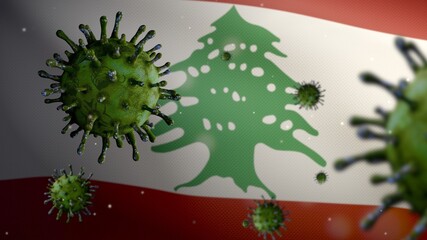 3D, Lebanese flag waving with Coronavirus outbreak. Lebanon Covid 19