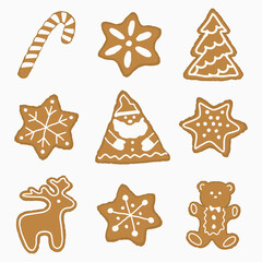 Fototapeta na wymiar Set of Christmas cookies. There are stars, Santa Claus, Christmas tree, a deer and a gingerbread bear in the picture. Vector illustration
