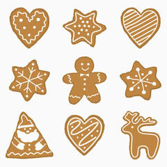 Set of Christmas cookies. There are stars, hearts, Santa Claus, a deer and a gingerbread man in the picture. Vector illustration