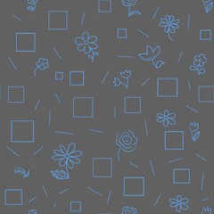 Blue abstract flowers and geometric shapes on a textured gray background. Seamless pattern for textiles.