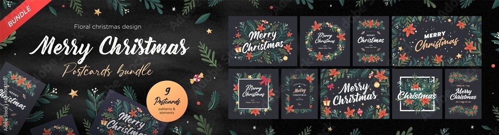 Wall mural set of christmas and happy new year floral card templates. trendy retro style. vector design element