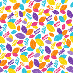 Seamless vector pattern abstract autumn leaves - blue red yellow orange. Repeating background. Use for fabric, wallpaper, wrapping, home decor