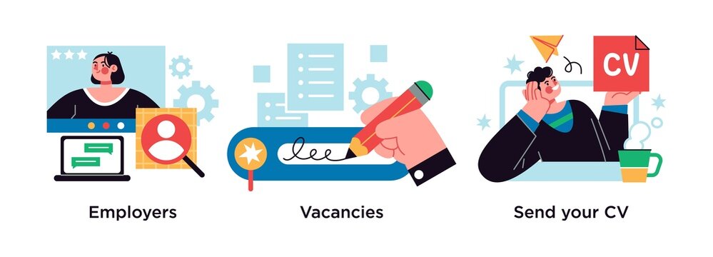 Apply for a job abstract concept vector illustration set. Employers and vacancies, CV abstract metaphor.