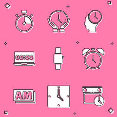 Set Stopwatch, Clock, Time Management, on laptop, Smartwatch, Alarm clock, AM and icon. Vector