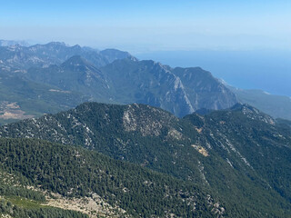 Hawaii Kauai lansdcape aerial view from the air helicopter flight. Amazing dramatic Na Pali coast of hawaiian island mountains, USA summer travel
