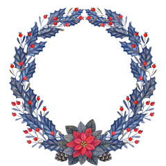 Watercolor illustration, wreath of stylized flowers and berries. Poinsettia, the symbol of Christmas.