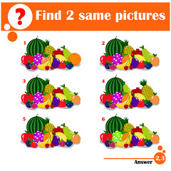 Match pairs. Visual game for kids. Find two identical images. Fruit set