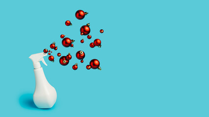 Christmas composition with spray bottle and stream of shiny red ornament baubles against vibrant blue background. Creative Xmas or New year concept. Abstract winter celebration idea with copy space.