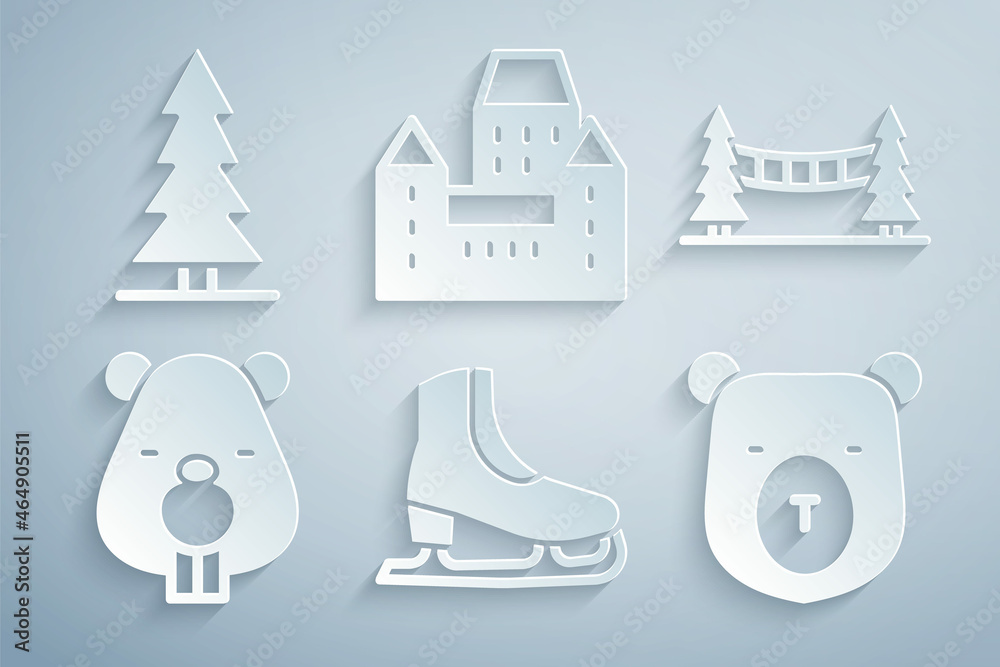 Canvas Prints set skates, capilano suspension bridge, beaver animal, bear head, chateau frontenac hotel and canadi