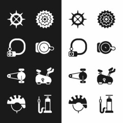 Set Bicycle bell, lock, sprocket crank, cassette, chain with gear, Stationary bicycle, air pump and helmet icon. Vector
