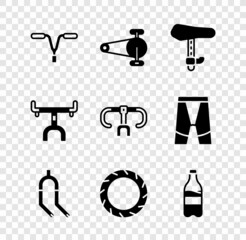 Set Bicycle handlebar, chain with gear, seat, fork, wheel tire, Sport bottle water, and icon. Vector