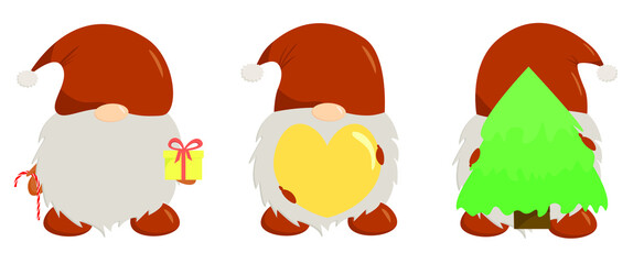 simple fabulous Christmas gnomes in caps and long beard in flat style