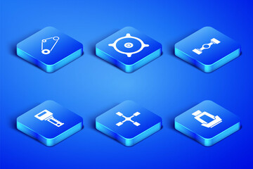 Set Car seat, Timing belt kit, Wheel wrench, key with remote, audio speaker and Chassis car icon. Vector