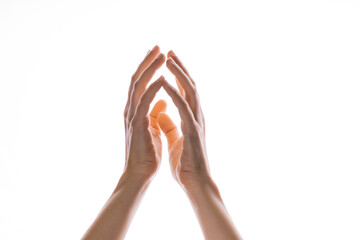 Hands make magic, or pray that the light falls from above on hand. Radiance between the palms.